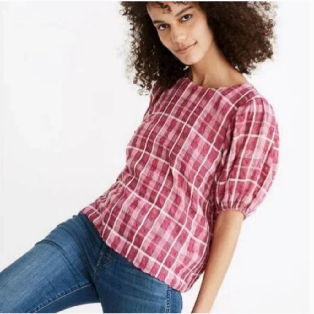 NWT Madewell Azalea Plaid Short Puff Sleeve Popover Top - Picture 1 of 10